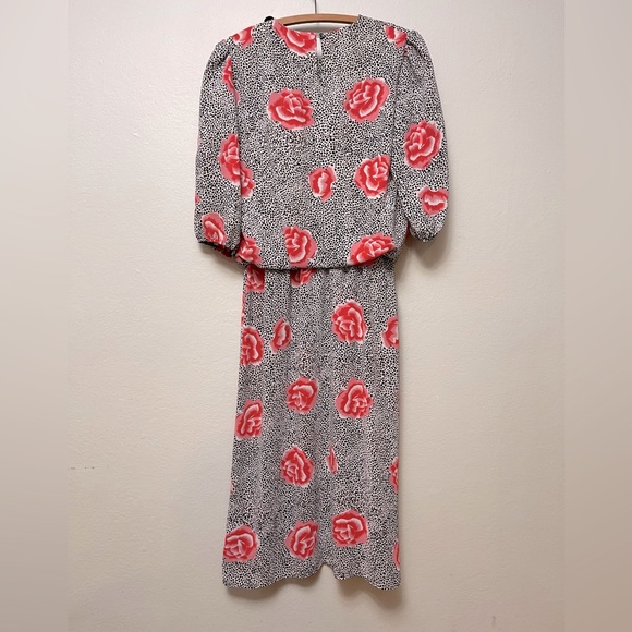 Vintage Animal Spot Rose Midi Dress, Sz 12 - Picture 2 of 7